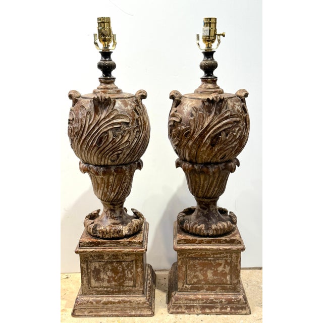 Pair of Italian Baroque Style Carved & Polychromed Wood Urns, Now as Lamps For Sale - Image 11 of 18