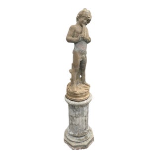 Vintage Cast Stone Centerpiece Fountain Featuring a Pan Flute Playing Putto on a Column For Sale