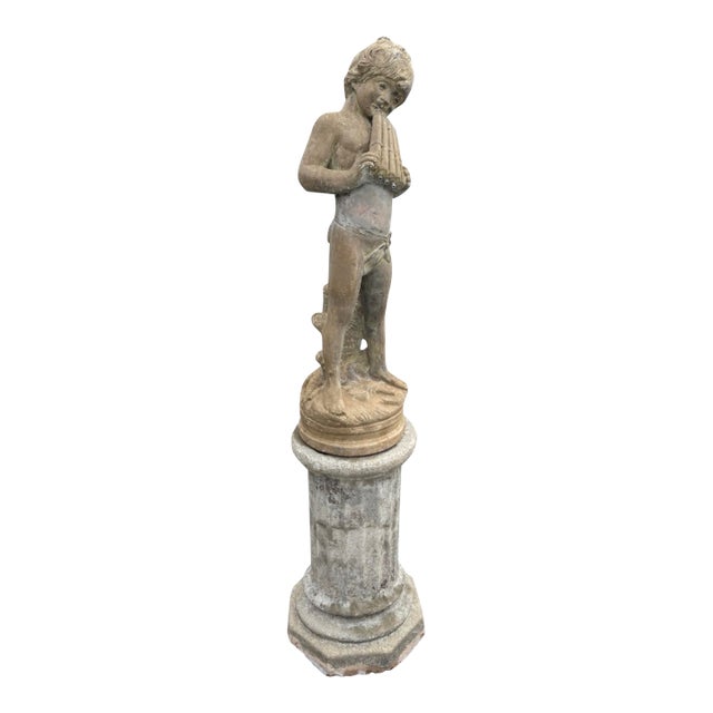 Vintage Cast Stone Centerpiece Fountain Featuring a Pan Flute Playing Putto on a Column For Sale