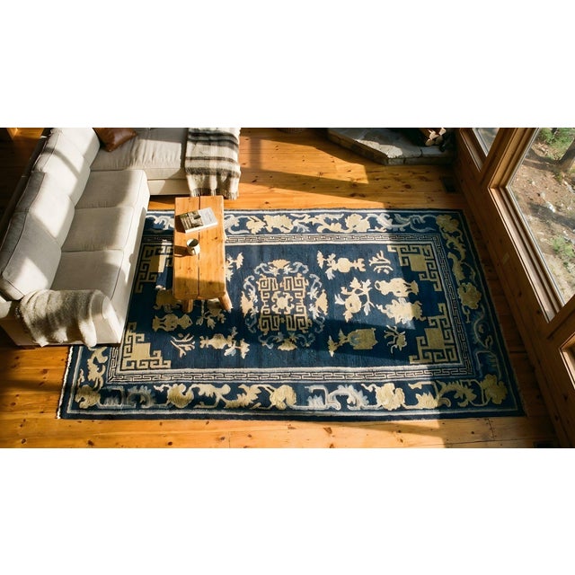 1890s Blue Medallion Qing Antique Chinese Peking Rug 3'2" X 4'8" Knotted Wool Carpet For Sale - Image 11 of 12