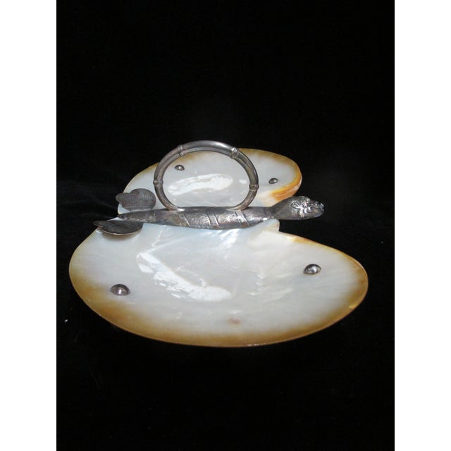 Chinese Butterfly Silver & Mother of Pearl Shell Footed Serving Tray Dish For Sale - Image 11 of 11