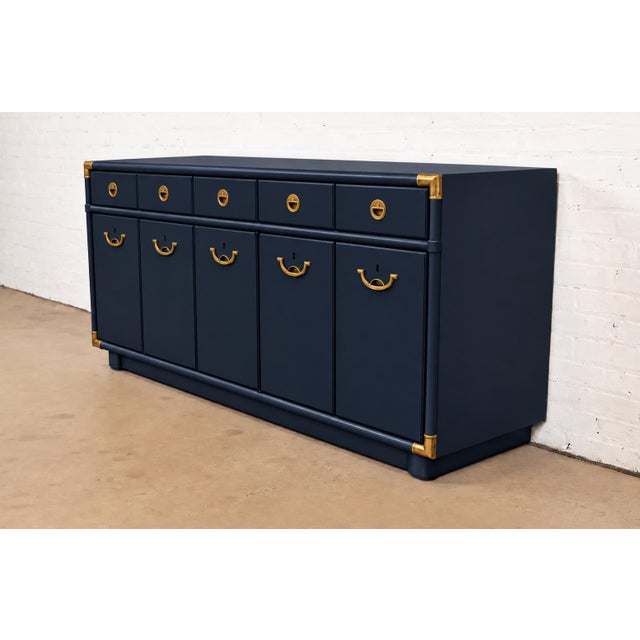 Campaign Professionally Refinished 1970s Drexel Accolade Campaign Buffet / Sideboard — Custom Navy Blue For Sale - Image 3 of 11