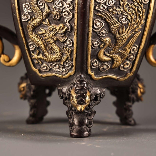 Asian Gilt Bronze Censer With Dragon Handles & Qilin Finial - Incense Burner For Sale - Image 3 of 8