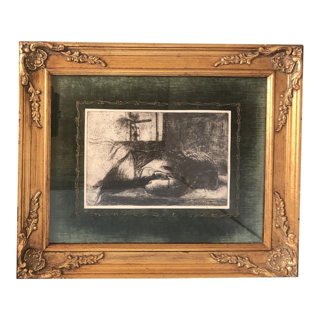 Vintage Original Wonan Sleeping Etching Vintage Frame For Sale