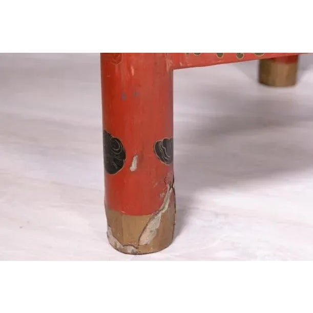 Pair of Early 20th Century Antique Chinese Polychrome Gilt Decorated Red Drum Glass Top Tables For Sale - Image 10 of 12