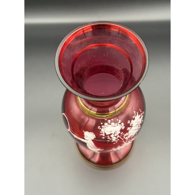 Victorian Ruby Red Mary Gregory–Style Enamel Vase With Gold Trim For Sale - Image 3 of 7