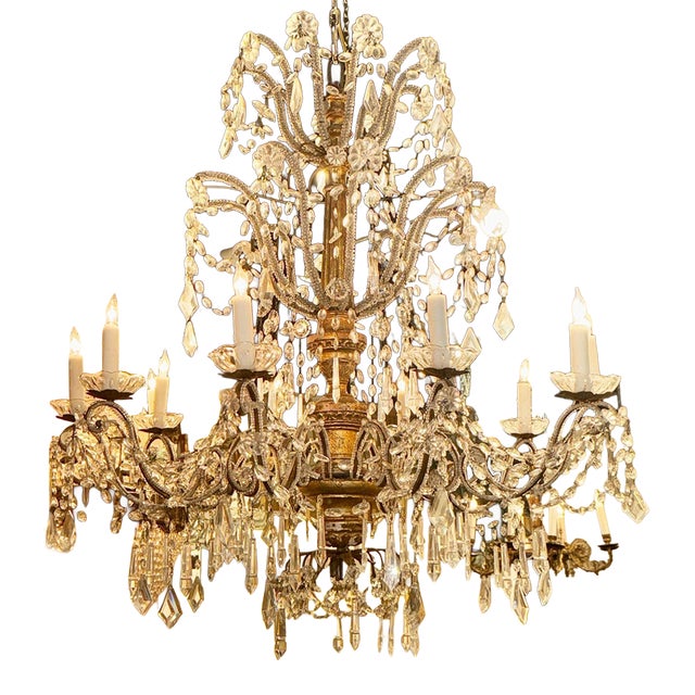 Large 19th C. Italian Giltwood and Crystal Chandelier For Sale