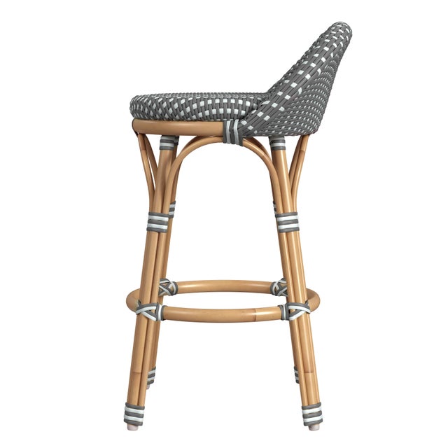 2020s Tobias 24.5 in. Seat Height Outdoor Rattan and Metal Low Back Counter Stool, Gray/White Dot / Natural Rattan Frame For Sale - Image 5 of 8