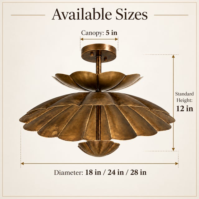 Handmade Brass Lotus Ceiling Light, Antique Brass Scalloped Semi Flush Mount, Floral Ceiling Fixture for Bedroom, Hallway & Living Room For Sale - Image 10 of 13