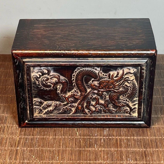 1980s Vintage Blood Sandalwood Carved Jewelry Box With Dragon Motif and Drawer For Sale - Image 5 of 8