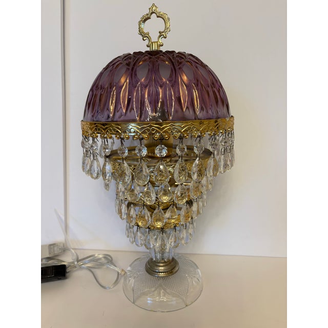 1950s 1950s Michelotti Amethyst (Purple) Boudoir Lamp With 4 Rows of Cascading Crystal Prisms For Sale - Image 5 of 5
