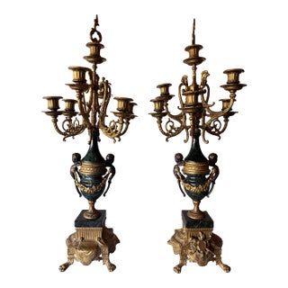 Antique Brevettato Six Candle Candelabra in the French Empire Style Made of Bronze and Marble, C. Early 20th Century - A Pair For Sale