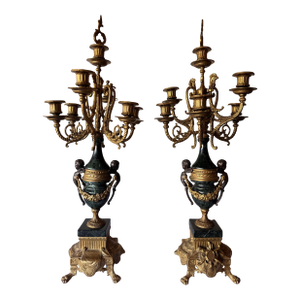 Antique Brevettato Six Candle Candelabra in the French Empire Style Made of Bronze and Marble, C. Early 20th Century - A Pair