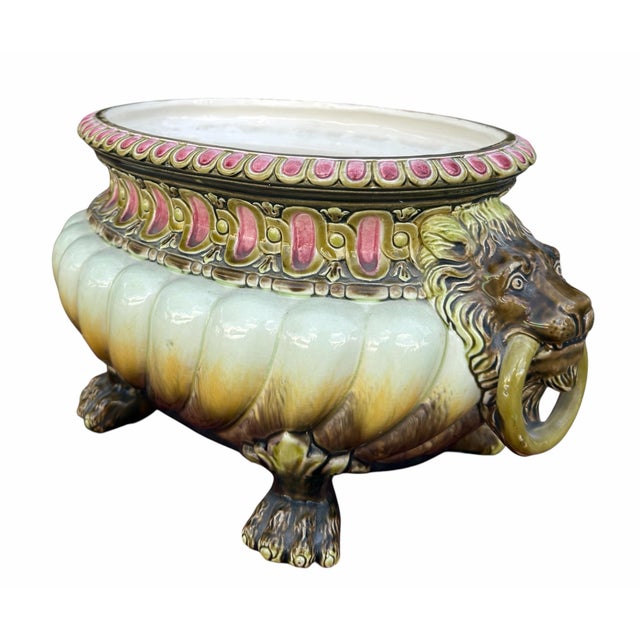 Art Nouveau Antique Art Nouveau Lion Head Majolica Pottery Jardiniere by Julius Dressler For Sale - Image 3 of 6