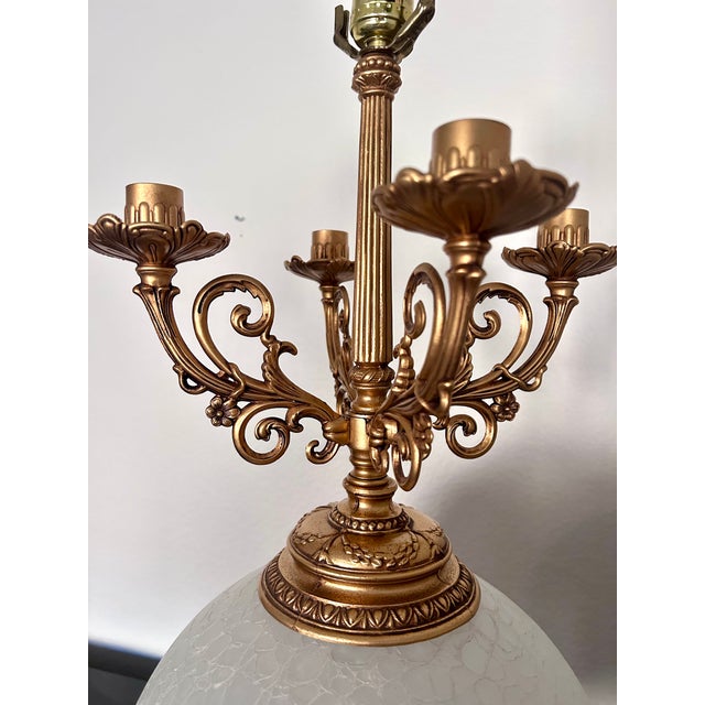 1960s 1960s Hollywood Regency Candelabra Table Lamp With Frosted Crackle Glass Globe For Sale - Image 5 of 10