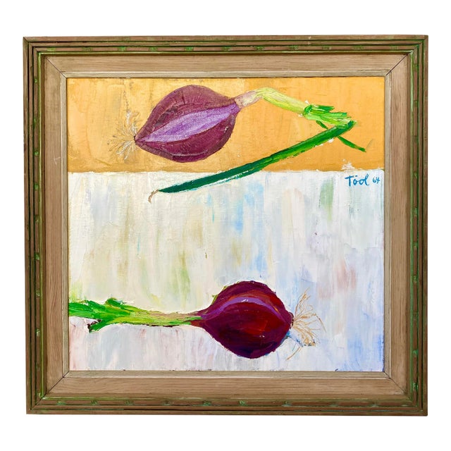 1960s Vintage Still Life Onions Oil Painting Signed For Sale