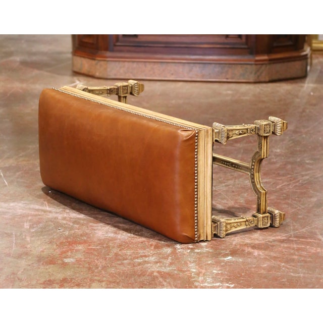 19th Century French Louis XIV Style Carved Bleached Oak Bench With Leather Seat For Sale - Image 10 of 11