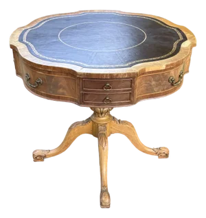 Mid 20th Century Regency Style Rustic Mahogany Leather Top Pedestal Drum Table