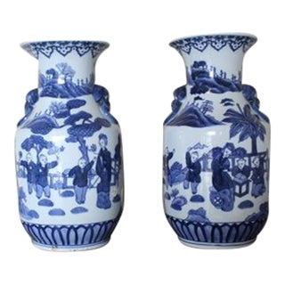 Pair of Blue & White Chinese Porcelain Figural Scenic Vases W/ Doyle Provenance For Sale