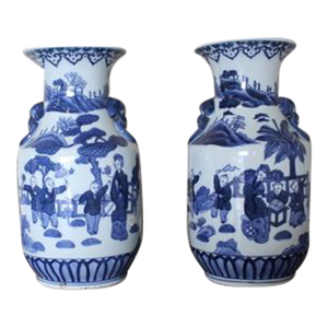 Pair of Blue & White Chinese Porcelain Figural Scenic Vases W/ Doyle Provenance