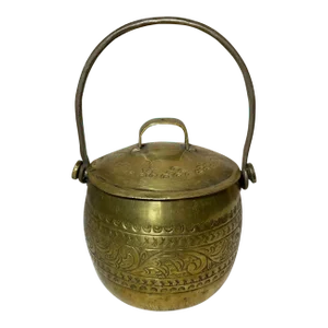Early Middle Eastern Handcrafted Chased Brass Pot Kettle With Lid
