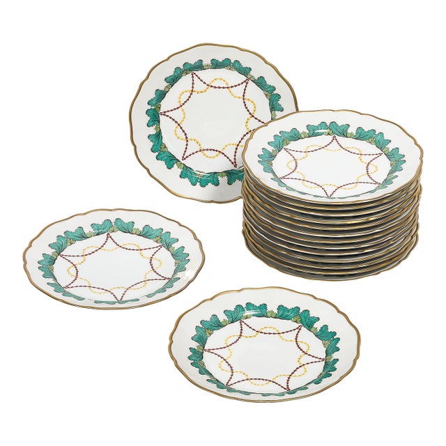 Set of 16 Turquoise & 24k Gilt Border Porcelain Dinner Plates by Hutschenreuther For Sale