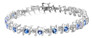 .925 Sterling Silver, Lab-Grown Gemstone and 1/6 Cttw Round Diamond Tennis Bracelet - Created Aquamarine, March Birthstone