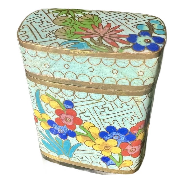 Vintage Chinese Turquoise Cloisonné Floral Covered Box For Sale