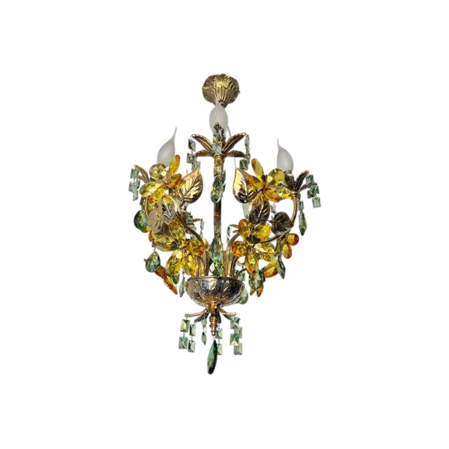 Art Nouveau Vintage Hand-Painted Floral Crystal Chandelier | Amber & Green Glass Flowers | Classic Brass Ceiling Light | Restored Antique Lighting For Sale - Image 3 of 17