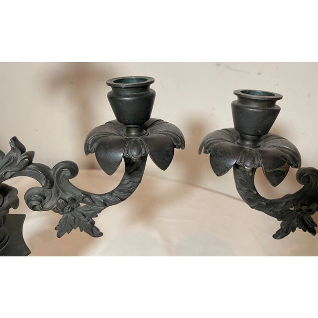 Pair of Antique 1800's Solid Patinated Bronze Candelabra Candle Holders Heavy For Sale - Image 9 of 10