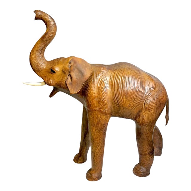 Vintage Moroccan Leather Elephant Sculpture, Handcrafted With Glass Eyes, 26.5” Tall For Sale