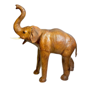 Vintage Moroccan Leather Elephant Sculpture, Handcrafted With Glass Eyes, 26.5” Tall