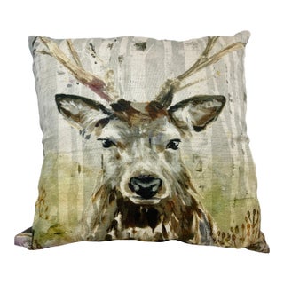 16” Square Decorative Throw Pillow Adorned With the Portrait of a Majestic Stag / Deer in a Water Color Look Finish - Made in the U K For Sale