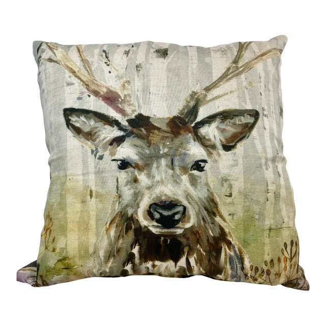 16” Square Decorative Throw Pillow Adorned With the Portrait of a Majestic Stag / Deer in a Water Color Look Finish - Made in the U K For Sale