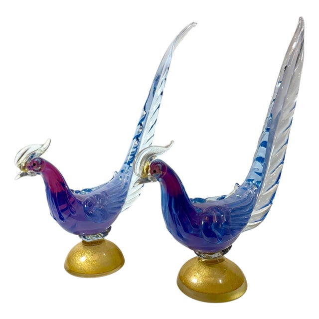 Blue and Gold Murano Style Glass Bird Figurines, Italy, Circa 1950s - A Pair For Sale