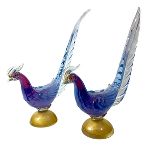 Blue and Gold Murano Style Glass Bird Figurines, Italy, Circa 1950s - A Pair