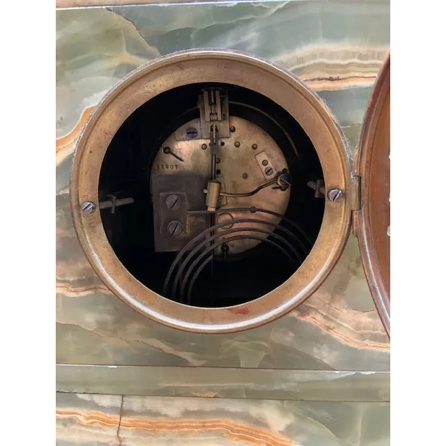 Metal Antique French Neoclassical Green Onyx Garniture Clock Set For Sale - Image 7 of 11