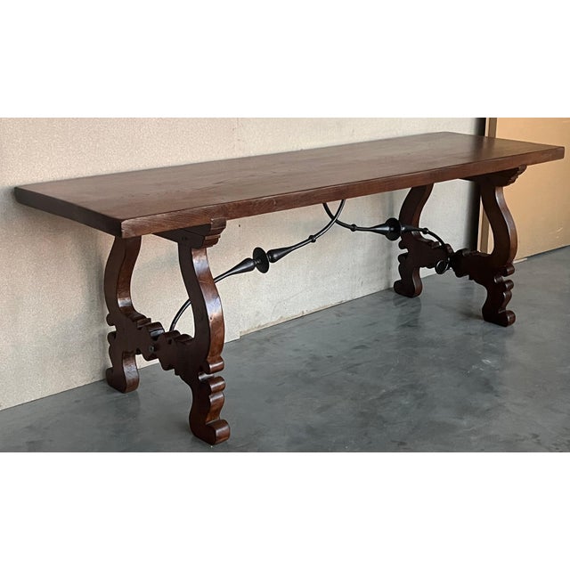 Wood 18th Dining or Console Table of Walnut with Lyre Legs and Heavy Top, Spain For Sale - Image 7 of 18