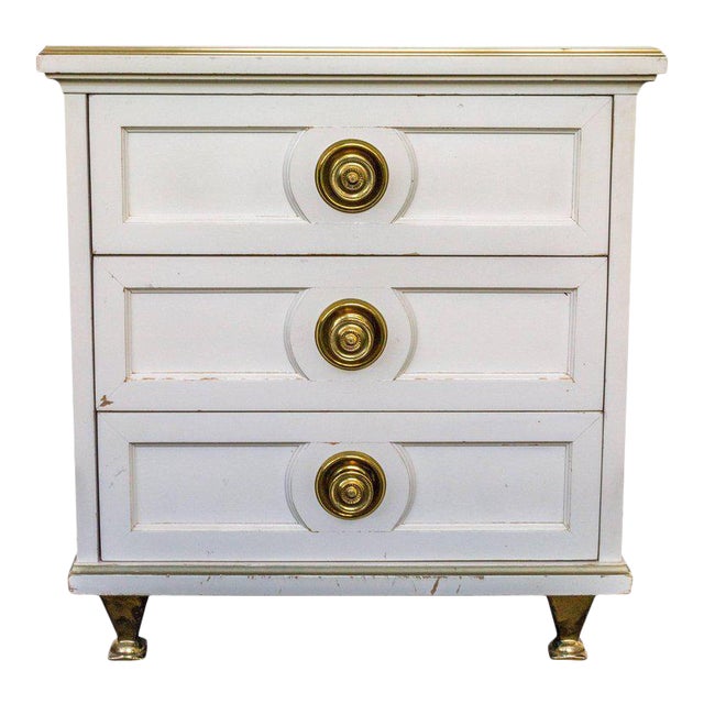 Single White Lacquered MidCentury Modern Nightstand With Brass Trim