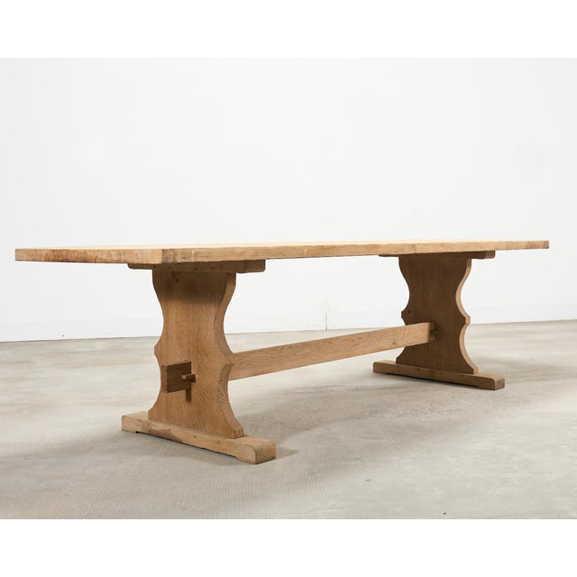 Mid 20th Century Country French Bleached Oak Farmhouse Trestle Dining Table 8 Ft For Sale - Image 5 of 18