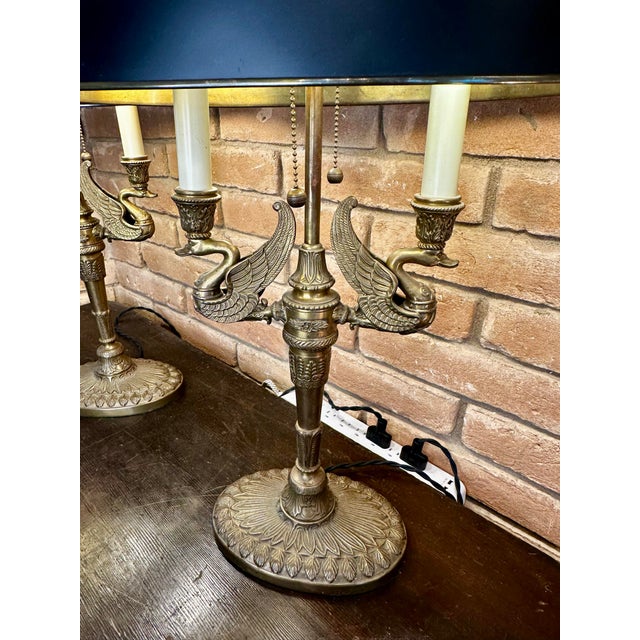 1990s Pair of Brass French Empire Swan Tóle Bouillotte Lamps. For Sale - Image 10 of 12