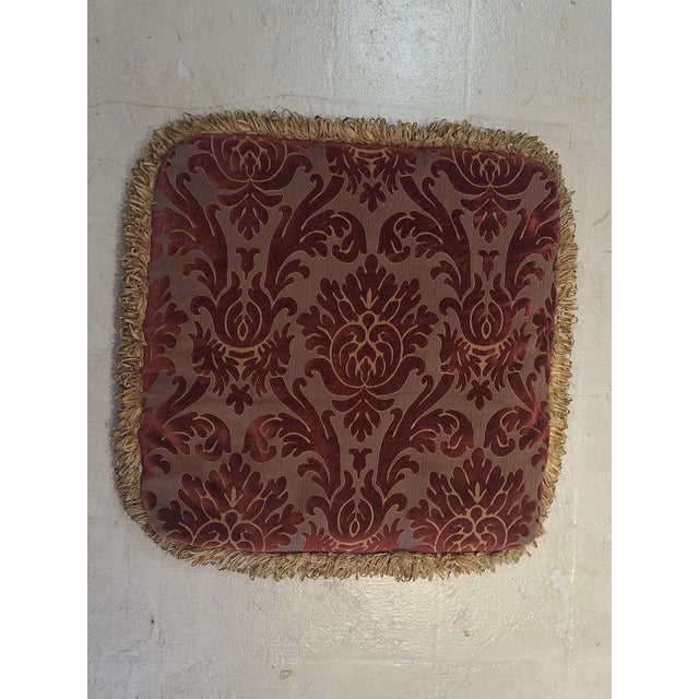 English Pair of Vintage Feather-Filled Damask Chair Cushions With Fringe Trim For Sale - Image 3 of 7