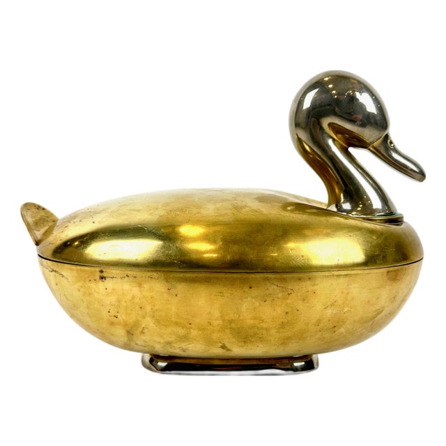 Large Mid-Century Modern Duck Shaped Brass Bowl with Lid, 1960s For Sale