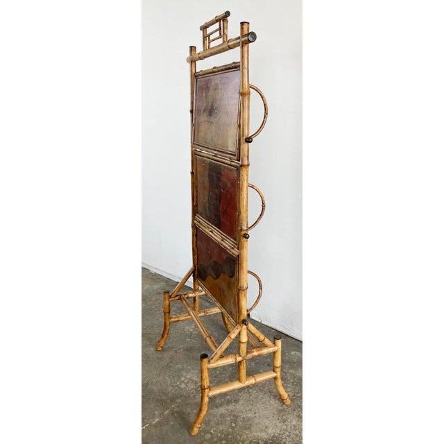 Antique Hand-Painted Scorched Bamboo Shelving Unit and Screen Circa 1880s For Sale - Image 4 of 11
