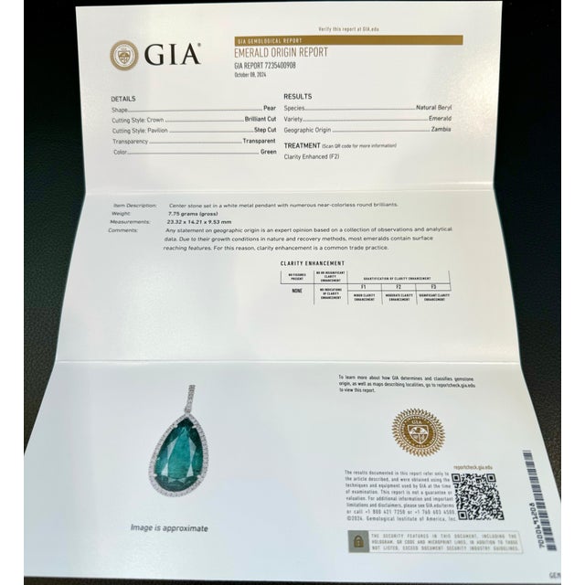 GIA Certified 19 Ct Pear Cut Emerald & 1 Ct Diamond Halo Pendent/Necklace 14 KWG For Sale - Image 14 of 18