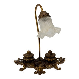 Antique Victorian Brass Gooseneck Two Inkwell Desk Lamp For Sale