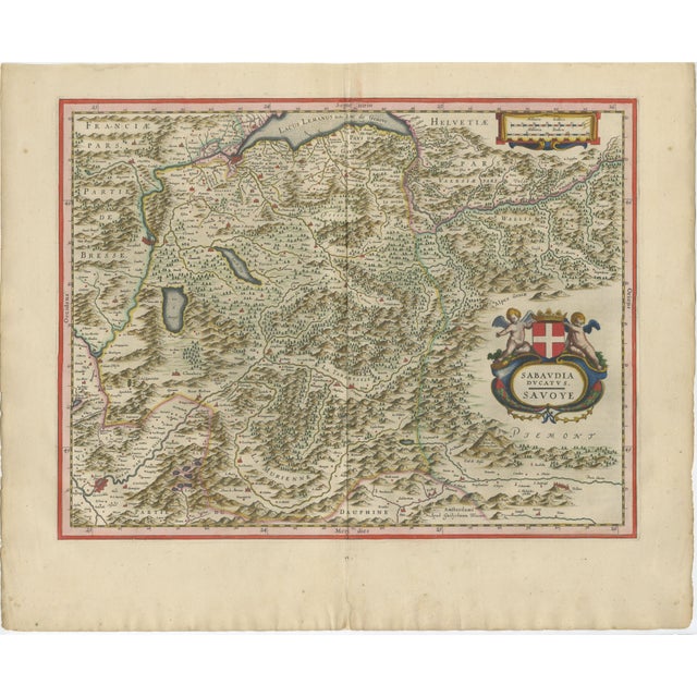 Blaeu Map of Savoy & Alps, Geneva Piedmont France Italy, c.1642 : A finely detailed and highly decorative map of the Duchy...