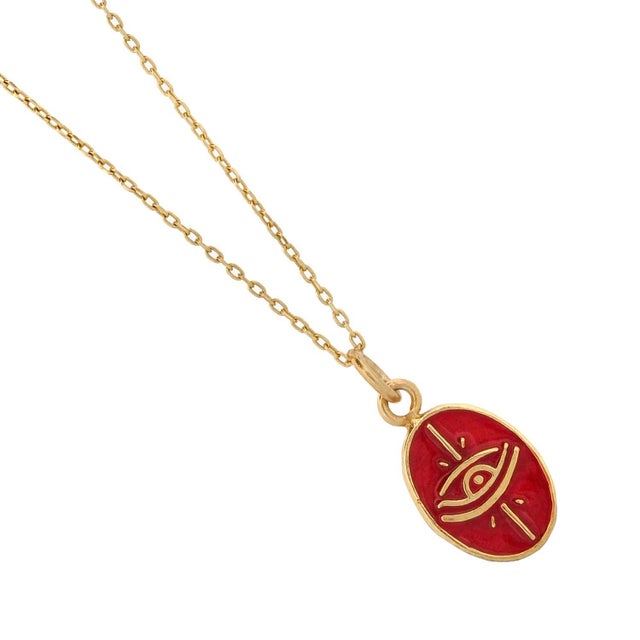 Minimalist Red Enamel Evil Eye Pendant Gold Chain Necklace For Sale In Miami - Image 6 of 8