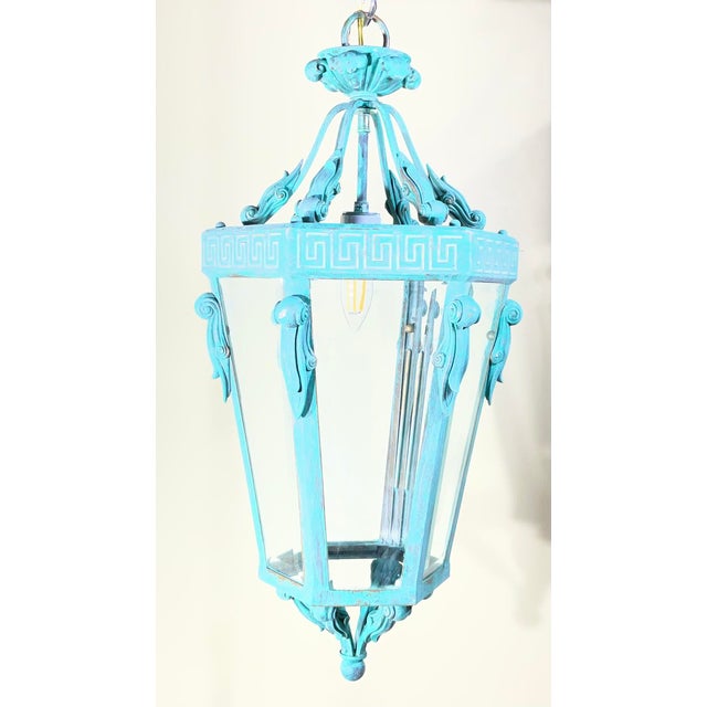Vintage Neoclassical Verdigris Lantern – Greek Key Detail – Restored & Rewired For Sale - Image 14 of 15