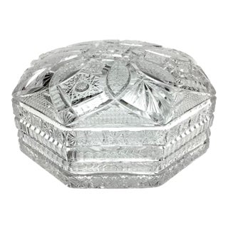 Vintage Large Eight Sided Cut Glass Dresser Box 8” in Diameter For Sale